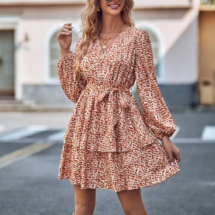 Printed V-neck tie waist long-sleeved dress