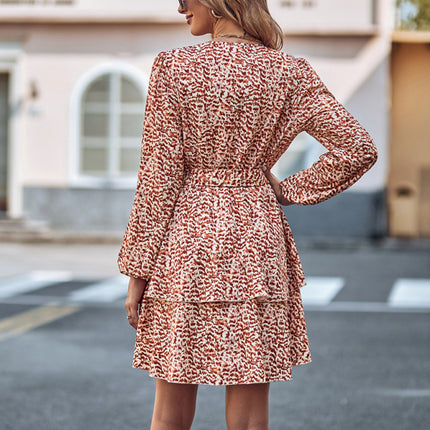 Printed V-neck tie waist long-sleeved dress
