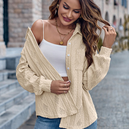 Lapel Single Breasted Solid Color Loose Long Sleeve Shirt