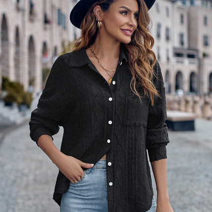 Lapel Single Breasted Solid Color Loose Long Sleeve Shirt