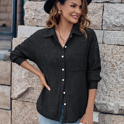 Lapel Single Breasted Solid Color Loose Long Sleeve Shirt