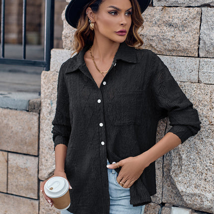 Lapel Single Breasted Solid Color Loose Long Sleeve Shirt