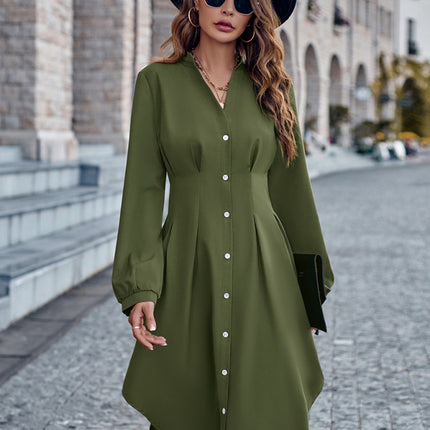 V-neck solid color cardigan long-sleeved waist dress