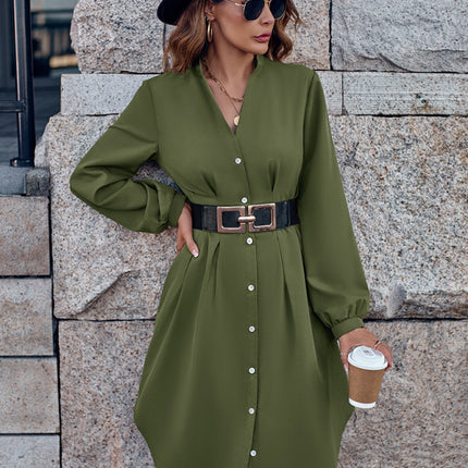 V-neck solid color cardigan long-sleeved waist dress