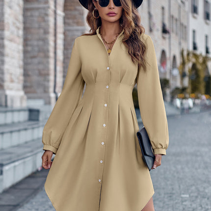 V-neck solid color cardigan long-sleeved waist dress