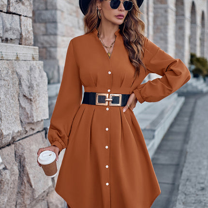 V-neck solid color cardigan long-sleeved waist dress