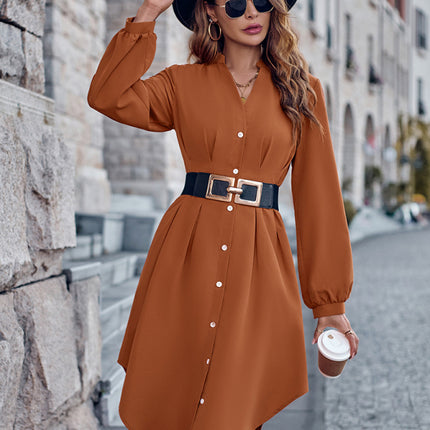V-neck solid color cardigan long-sleeved waist dress
