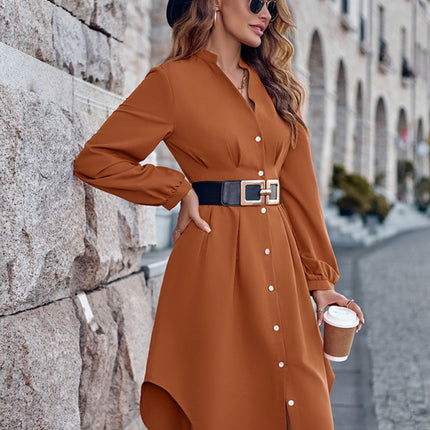 V-neck solid color cardigan long-sleeved waist dress