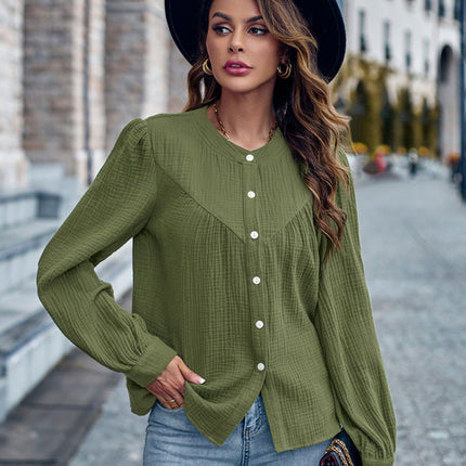 Round Neck Solid Panel Single Breasted Shirt