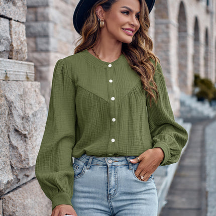 Round Neck Solid Panel Single Breasted Shirt