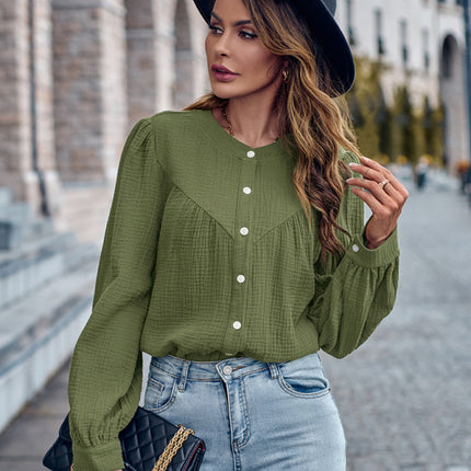 Round Neck Solid Panel Single Breasted Shirt