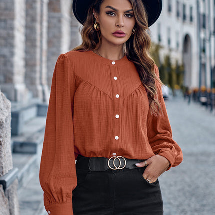 Round Neck Solid Panel Single Breasted Shirt