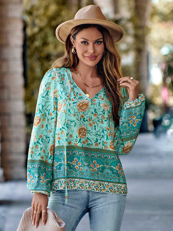 Printed V-neck loose hot sale long-sleeved top for women