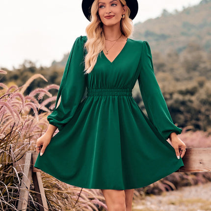 V-neck long-sleeved waist trendy dress