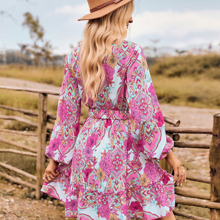 V-neck elegant belted long-sleeved dress