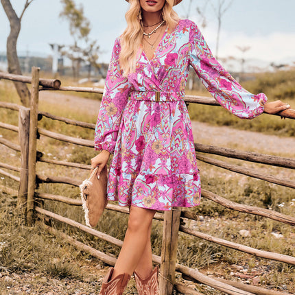 V-neck elegant belted long-sleeved dress