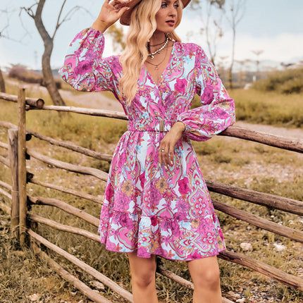 V-neck elegant belted long-sleeved dress