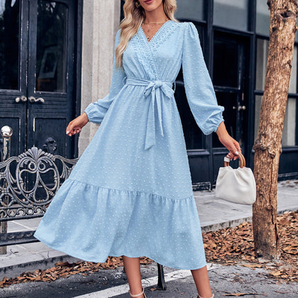 V-neck elegant lace waist long dress