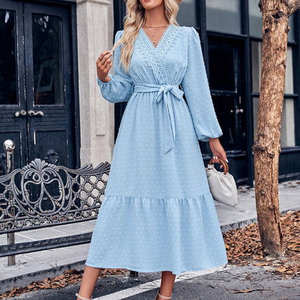 V-neck elegant lace waist long dress