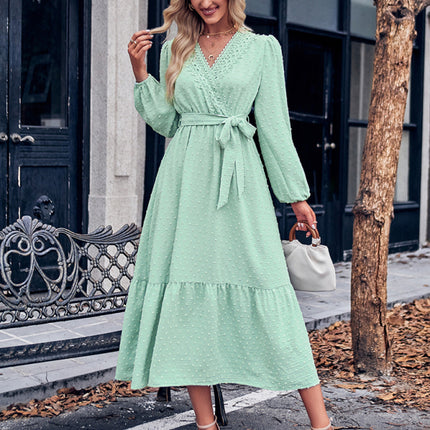 V-neck elegant lace waist long dress