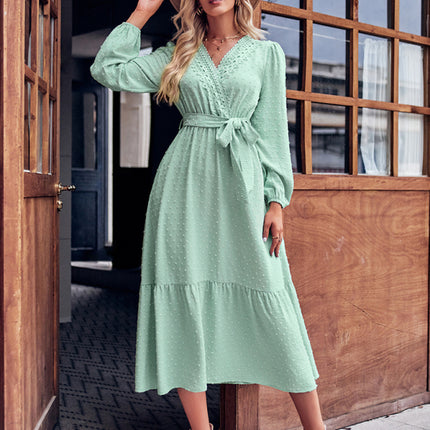 V-neck elegant lace waist long dress