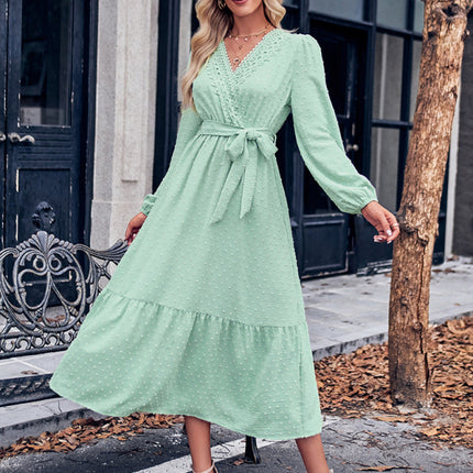 V-neck elegant lace waist long dress