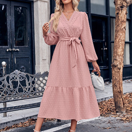 V-neck elegant lace waist long dress