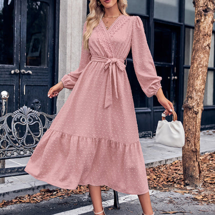 V-neck elegant lace waist long dress