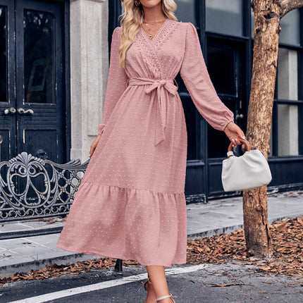 V-neck elegant lace waist long dress