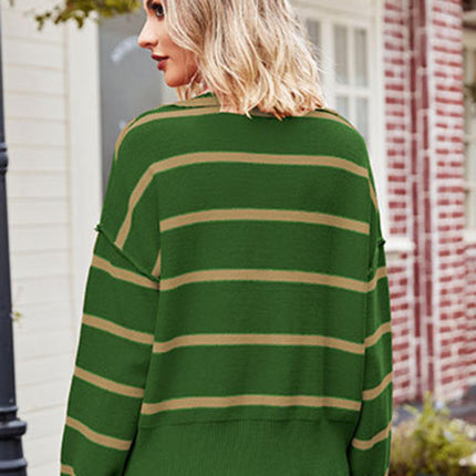 Women's new fashion patchwork striped sweater lapel loose large size sweater