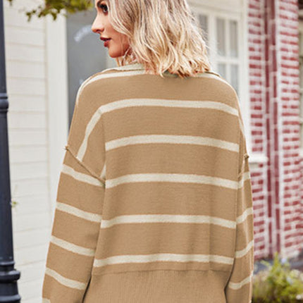 Women's new fashion patchwork striped sweater lapel loose large size sweater