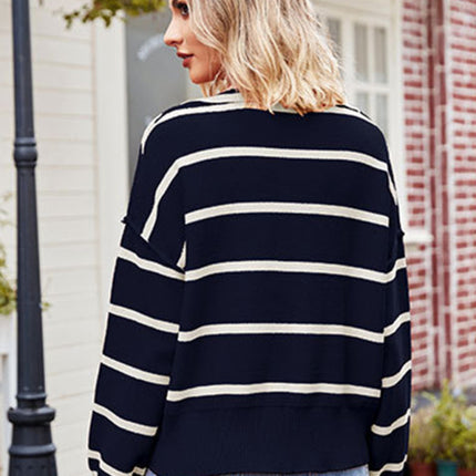 Women's new fashion patchwork striped sweater lapel loose large size sweater