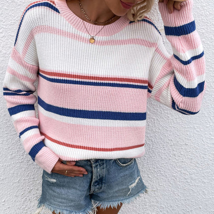 Women's loose striped round neck long sleeve pullover sweater