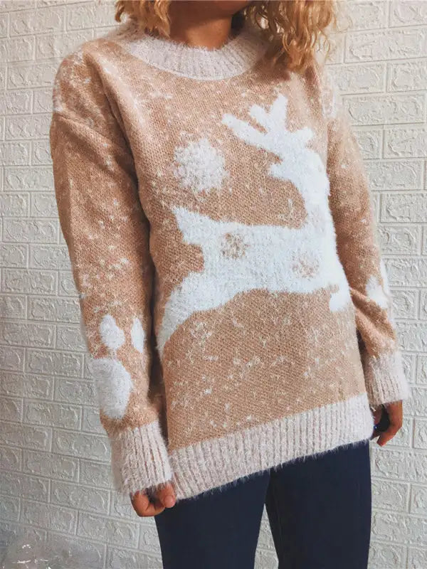 Suéter navideño de Año Nuevo para mujer, suéter de punto con cuello redondo y copo de nieve 