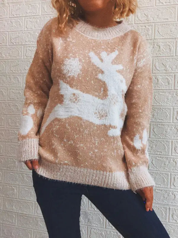 Suéter navideño de Año Nuevo para mujer, suéter de punto con cuello redondo y copo de nieve 
