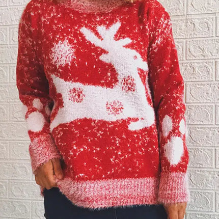 Suéter navideño de Año Nuevo para mujer, suéter de punto con cuello redondo y copo de nieve 