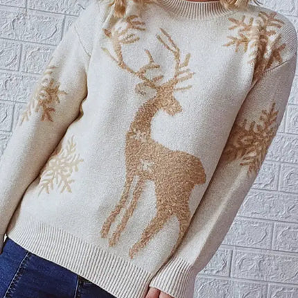 Women's Round Neck Long Sleeve Christmas Sweater New Year Snowflake Fawn Jacquard Knit Sweater
