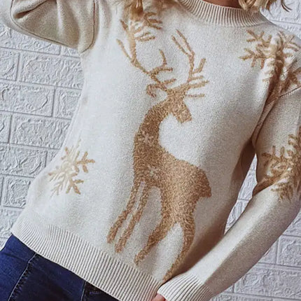 Women's Round Neck Long Sleeve Christmas Sweater New Year Snowflake Fawn Jacquard Knit Sweater