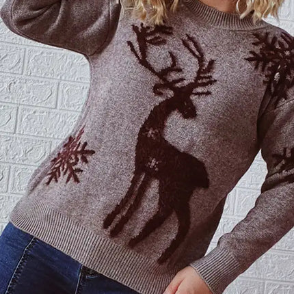 Women's Round Neck Long Sleeve Christmas Sweater New Year Snowflake Fawn Jacquard Knit Sweater