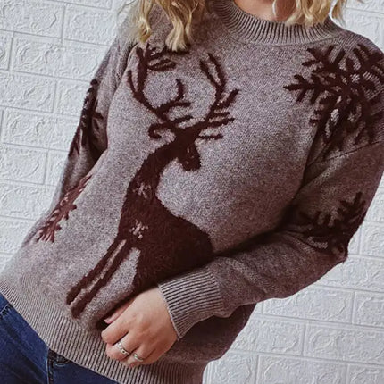 Women's Round Neck Long Sleeve Christmas Sweater New Year Snowflake Fawn Jacquard Knit Sweater