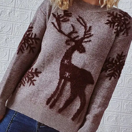 Women's Round Neck Long Sleeve Christmas Sweater New Year Snowflake Fawn Jacquard Knit Sweater