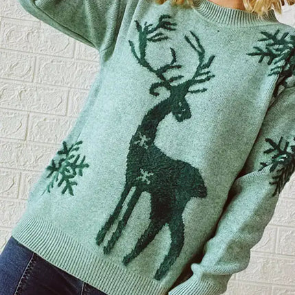 Women's Round Neck Long Sleeve Christmas Sweater New Year Snowflake Fawn Jacquard Knit Sweater