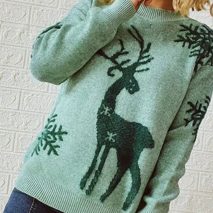 Women's Round Neck Long Sleeve Christmas Sweater New Year Snowflake Fawn Jacquard Knit Sweater