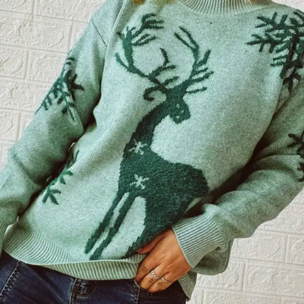 Women's Round Neck Long Sleeve Christmas Sweater New Year Snowflake Fawn Jacquard Knit Sweater