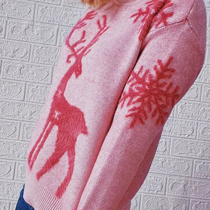 Women's Round Neck Long Sleeve Christmas Sweater New Year Snowflake Fawn Jacquard Knit Sweater