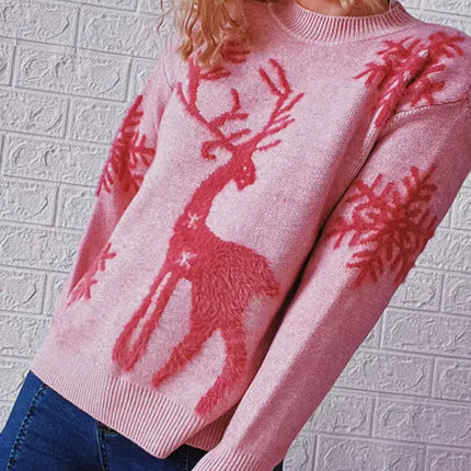 Women's Round Neck Long Sleeve Christmas Sweater New Year Snowflake Fawn Jacquard Knit Sweater
