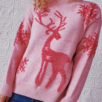 Women's Round Neck Long Sleeve Christmas Sweater New Year Snowflake Fawn Jacquard Knit Sweater