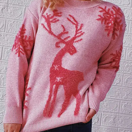 Women's Round Neck Long Sleeve Christmas Sweater New Year Snowflake Fawn Jacquard Knit Sweater