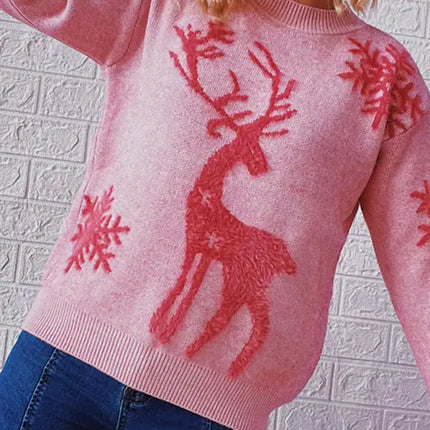 Women's Round Neck Long Sleeve Christmas Sweater New Year Snowflake Fawn Jacquard Knit Sweater