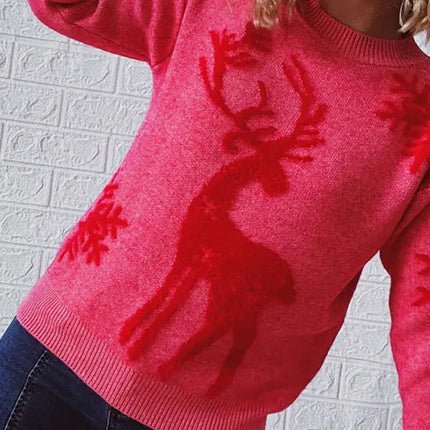Women's Round Neck Long Sleeve Christmas Sweater New Year Snowflake Fawn Jacquard Knit Sweater